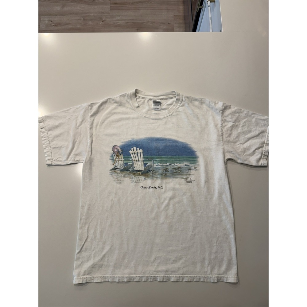 Gildan Outer Banks NC Beach Graphic T-Shirt Mens Large White Kathleen Denis
